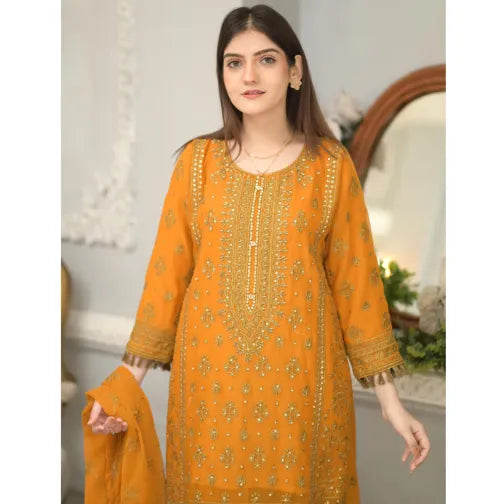 "Mustard Embroidered Lawn Suit – 3 Piece Pakistani Outfit for Women"