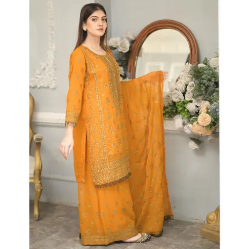 "Mustard Embroidered Lawn Suit – 3 Piece Pakistani Outfit for Women"
