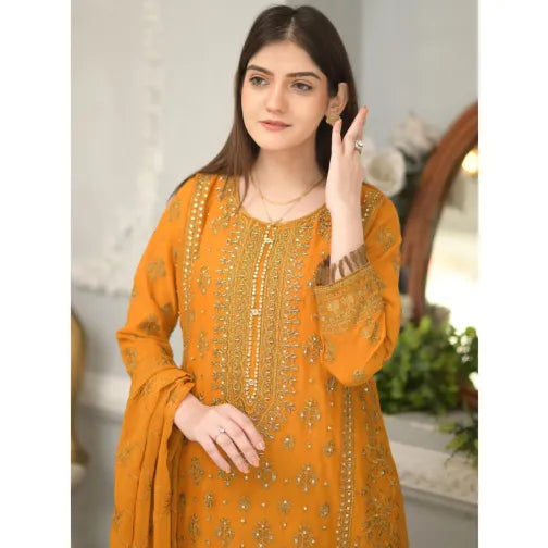 "Mustard Embroidered Lawn Suit – 3 Piece Pakistani Outfit for Women"