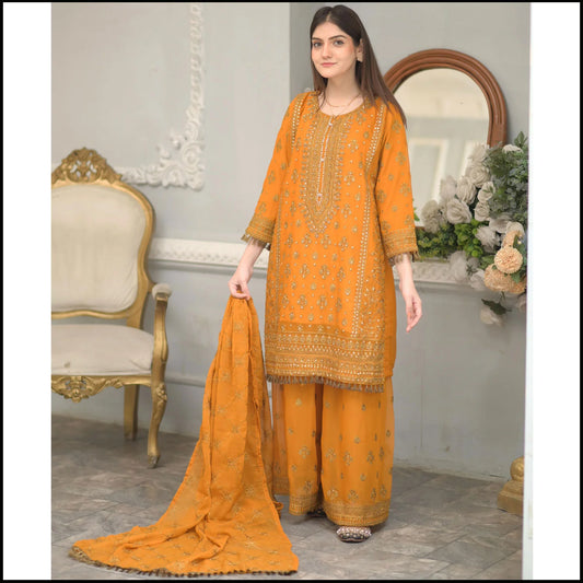"Mustard Embroidered Lawn Suit – 3 Piece Pakistani Outfit for Women"