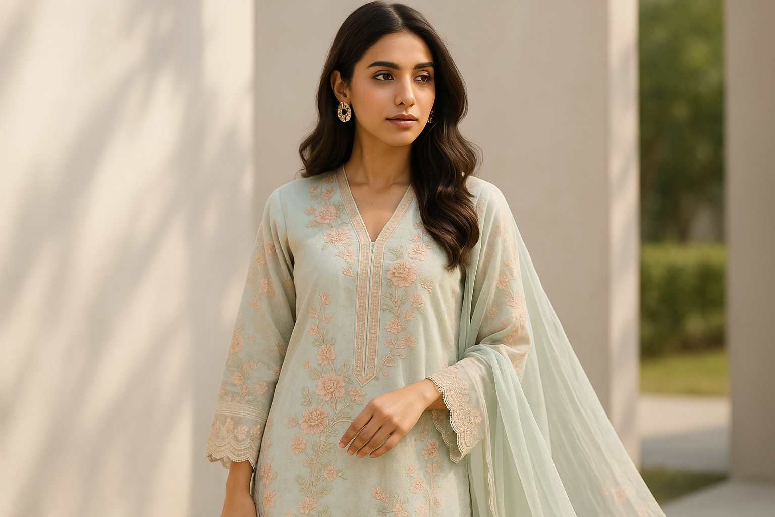 A stylish young Pakistani woman wearing an elegant pastel-colored embroidered lawn suit with chiffon dupatta, standing outdoors in soft natural sunlight, modern minimal background, fashion photography style, professional lighting, luxury clothing brand photoshoot, high resolution, editorial magazine look
